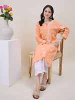 Load image into Gallery viewer, Peach chikankari cotton round neck kurta with front ties and side pockets
