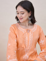 Load image into Gallery viewer, Peach chikankari cotton round neck kurta with front ties and side pockets