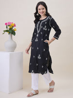 Load image into Gallery viewer, Black Cotton Chikankari Kurta for Women | Round Neck with Side Pockets