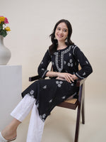 Load image into Gallery viewer, Black Cotton Chikankari Kurta for Women | Round Neck with Side Pockets