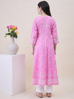 Load image into Gallery viewer, Pink Cotton Round Neck Anarkali with Chikankari Embroidery