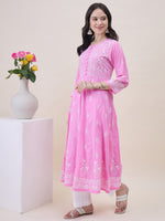 Load image into Gallery viewer, Pink Cotton Round Neck Anarkali with Chikankari Embroidery