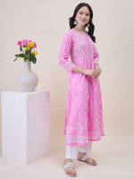 Load image into Gallery viewer, Pink Cotton Round Neck Anarkali with Chikankari Embroidery