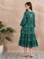 Load image into Gallery viewer, Dark Teal Green Chikankari Dress with Tiers - Cotton Round Neck Style
