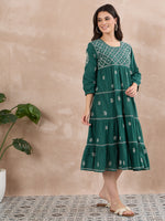 Load image into Gallery viewer, Dark Teal Green Chikankari Dress with Tiers - Cotton Round Neck Style