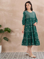 Load image into Gallery viewer, Dark Teal Green Chikankari Dress with Tiers - Cotton Round Neck Style