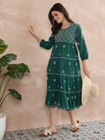 Load image into Gallery viewer, Dark Teal Green Chikankari Dress with Tiers - Cotton Round Neck Style