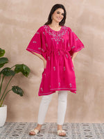 Load image into Gallery viewer, Handcrafted Cotton Chikankari Short Kaftan in Fuchsia Pink
