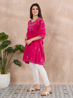 Load image into Gallery viewer, Handcrafted Cotton Chikankari Short Kaftan in Fuchsia Pink