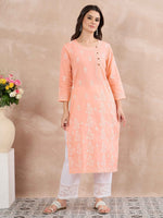 Load image into Gallery viewer, Peach Cotton Chikankari Side Button Kurta for Women | Handcrafted Lucknow Chikankari