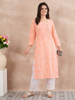 Load image into Gallery viewer, Peach Cotton Chikankari Side Button Kurta for Women | Handcrafted Lucknow Chikankari