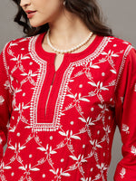 Load image into Gallery viewer, Red round neck all over jaal chikankari cotton kurta - Rakhi Apparels