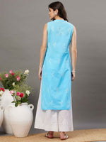Load image into Gallery viewer, Blue cotton sleeveless kurta with chiknakari and colloar slit