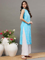 Load image into Gallery viewer, Blue cotton sleeveless kurta with chiknakari and colloar slit