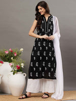 Load image into Gallery viewer, Black cotton sleeveless kurta with chiknakari and colloar slit