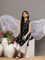 Load image into Gallery viewer, Black cotton sleeveless kurta with chiknakari and colloar slit