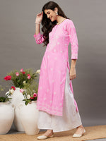 Load image into Gallery viewer, Pink cotton round neck chikankari kurta - Rakhi Apparels