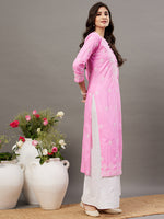 Load image into Gallery viewer, Pink cotton round neck chikankari kurta - Rakhi Apparels