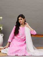 Load image into Gallery viewer, Pink cotton round neck chikankari kurta - Rakhi Apparels