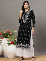 Load image into Gallery viewer, Black cotton kurta with chikankari