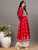 Load image into Gallery viewer, Red round neck cotton anarkali with chikankari