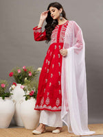Load image into Gallery viewer, Red round neck cotton anarkali with chikankari