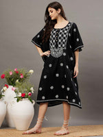 Load image into Gallery viewer, Black cotton chikankari kaftan with buttons