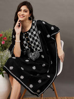 Load image into Gallery viewer, Black cotton chikankari kaftan with buttons