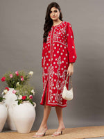 Load image into Gallery viewer, Red cotton dress with front button chikankari