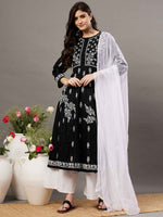 Load image into Gallery viewer, black cotton round neck anarkali with chikankari