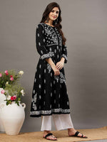 Load image into Gallery viewer, black cotton round neck anarkali with chikankari