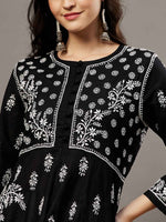 Load image into Gallery viewer, black cotton round neck anarkali with chikankari