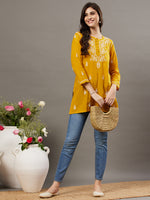 Load image into Gallery viewer, Mustard mulcotton front button top with chikankari - Rakhi Apparels