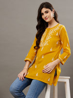 Load image into Gallery viewer, Mustard mulcotton front button top with chikankari - Rakhi Apparels