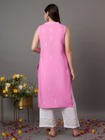 Load image into Gallery viewer, rose pink cotton sleeveless kurta with chiknakari and colloar slit - Rakhi Apparels