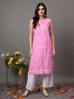 Load image into Gallery viewer, rose pink cotton sleeveless kurta with chiknakari and colloar slit - Rakhi Apparels