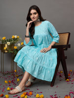Load image into Gallery viewer, SEA Green cotton round neck chikankari dress with tiers - Rakhi Apparels