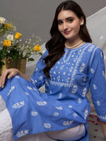 Load image into Gallery viewer, Greyish Blue cotton chikankari kurta with front yoke design - Rakhi Apparels