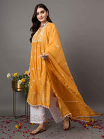 Load image into Gallery viewer, mustard chikankari and mukaish work chanderi kurta with slip and dupatta set of 2