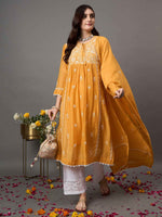 Load image into Gallery viewer, mustard chikankari and mukaish work chanderi kurta with slip and dupatta set of 2