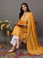 Load image into Gallery viewer, mustard chikankari and mukaish work chanderi kurta with slip and dupatta set of 2