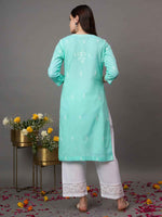 Load image into Gallery viewer, Sea green chikankari cotton round neck kurta with quarter sleeves