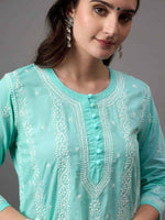 Load image into Gallery viewer, Sea green chikankari cotton round neck kurta with quarter sleeves