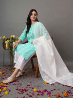 Load image into Gallery viewer, Sea green chikankari cotton round neck kurta with quarter sleeves