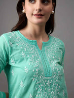 Load image into Gallery viewer, sea green cotton top with chikankari