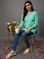 Load image into Gallery viewer, sea green cotton top with chikankari