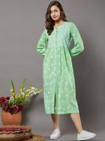 Load image into Gallery viewer, sea green cotton front button dress with chikankari