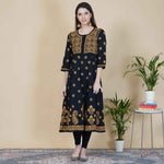 Load image into Gallery viewer, Black cotton chikankari anrakali with mustard emb