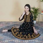 Load image into Gallery viewer, Black cotton chikankari anrakali with mustard emb