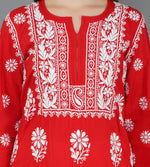 Load image into Gallery viewer, Red round neck cotton kurta with chikankari